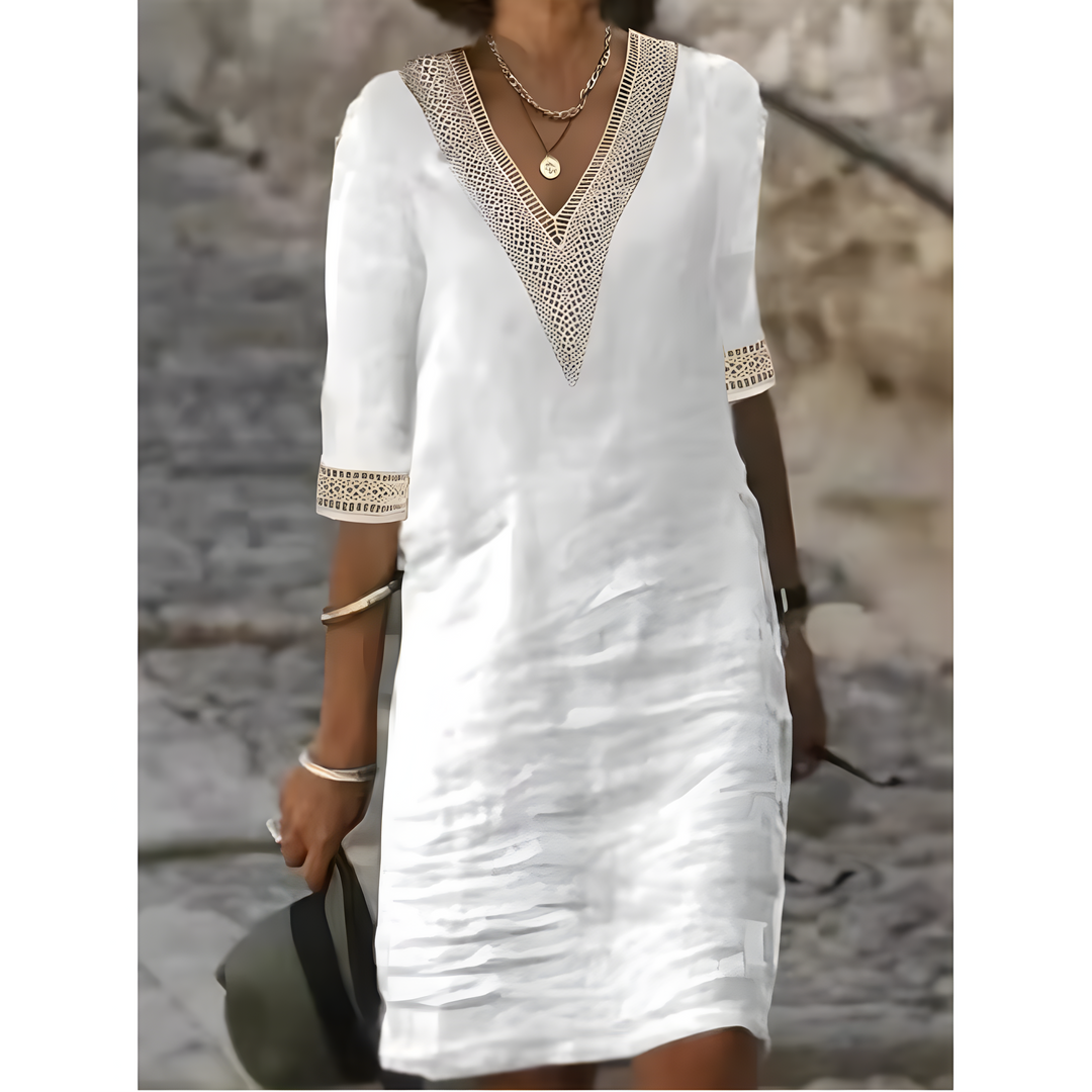 Isabeau™ | Midi-jurk met V-hals en contrasterende kant