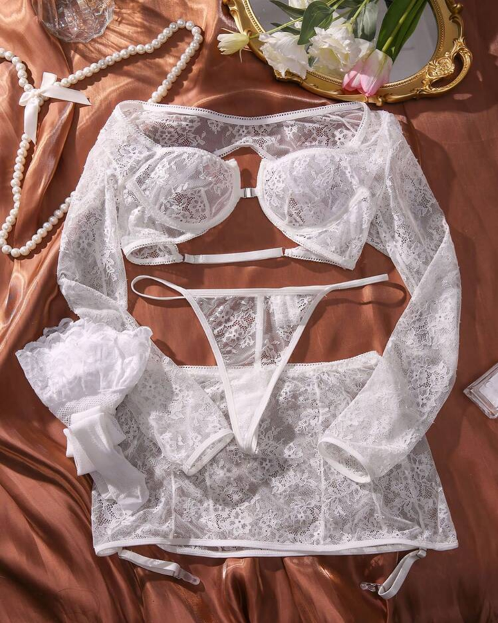 Savannah™ | 4-delig Lingerie Set van Kant met Lange Mouwen Babydoll