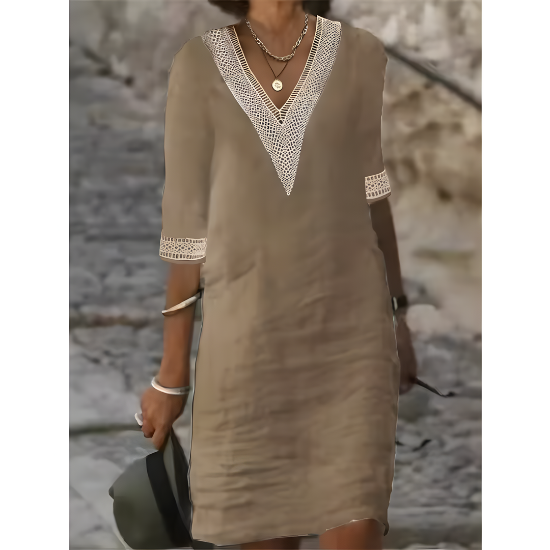 Isabeau™ | Midi-jurk met V-hals en contrasterende kant