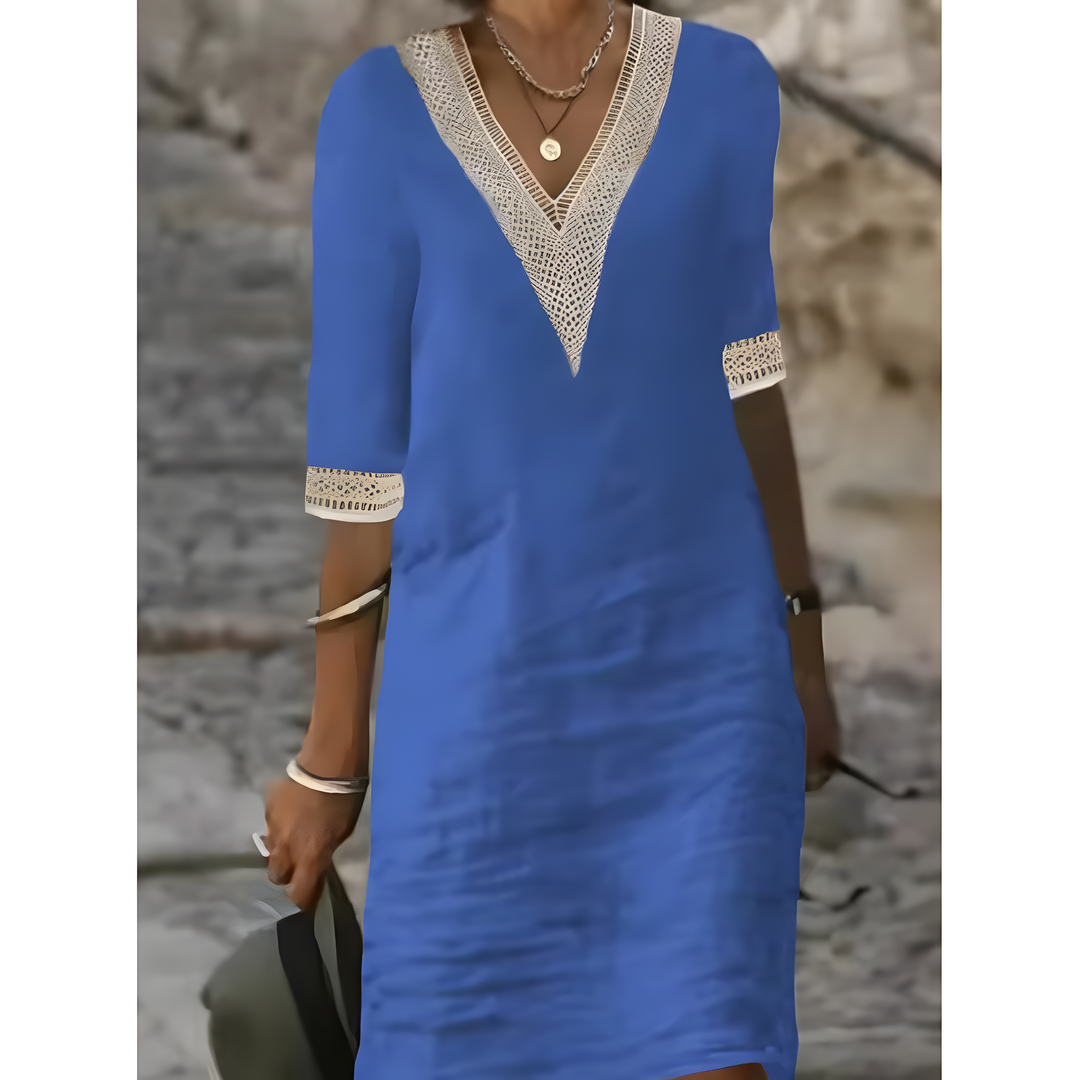 Isabeau™ | Midi-jurk met V-hals en contrasterende kant