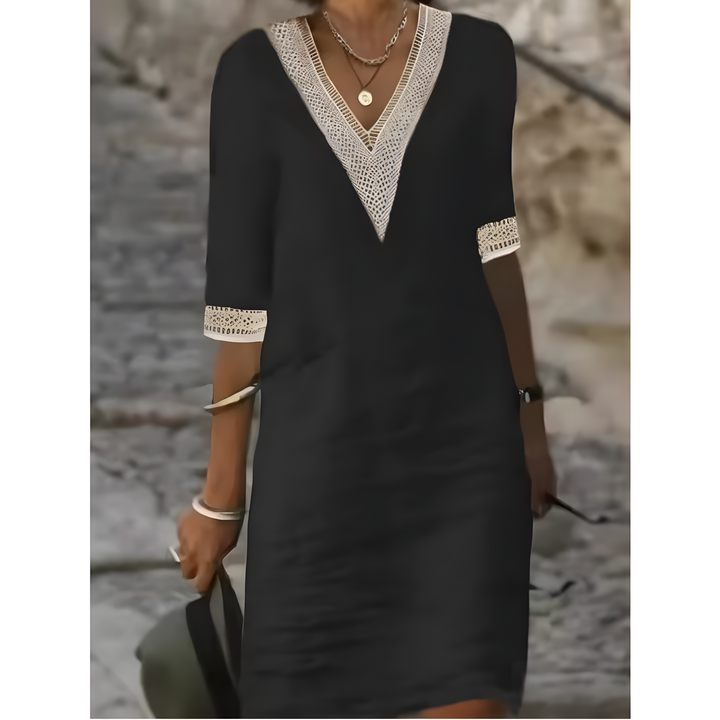 Isabeau™ | Midi-jurk met V-hals en contrasterende kant
