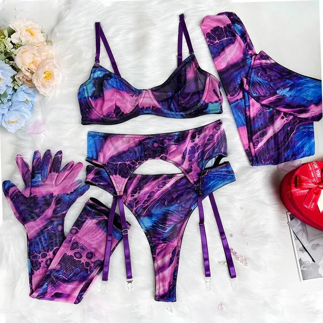Amanda™ | Compleet 5-delig tie-dye lingerieset