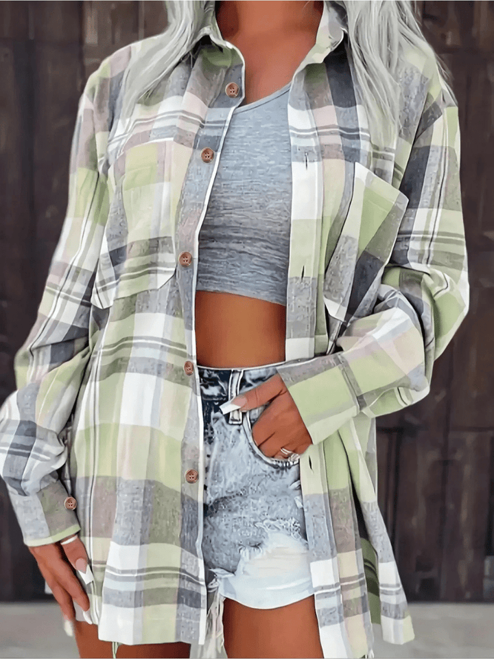 Jolanda | Elegante Geruite Zomer Blouse met Lange Mouwen